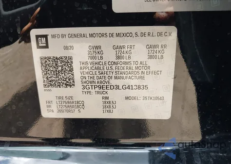 2020 GMC Sierra K1500 At4 z USA, uszkodzony, nr VIN 3GTP9EED3LG413835